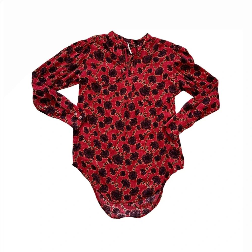 Free People Mia Tunic Red floral longsleeve tie front blouse XS‎ - Picture 2 of 6